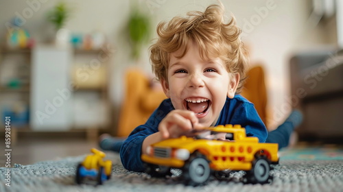 little child playing with toy train