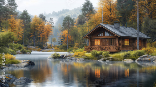 there is a cabin sitting on the shore of a lake © Bright Studio