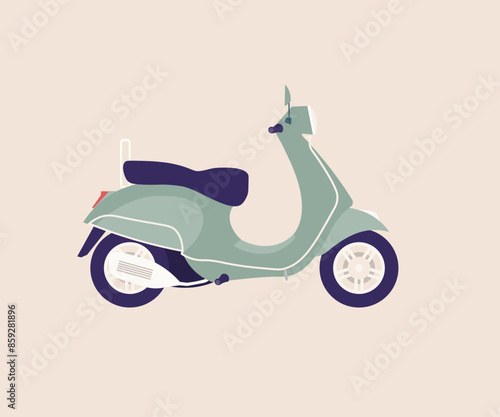 Italian scooter in retro style. Side view. European personal transport. Summer travel. Vector flat illustration