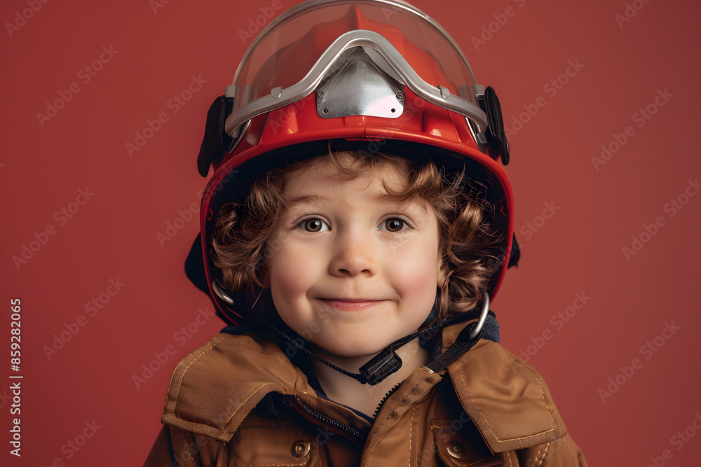 Cute young boy trying on real fireman's helmet on solid red background Cute young boy trying on real fireman's helmet on solid red background