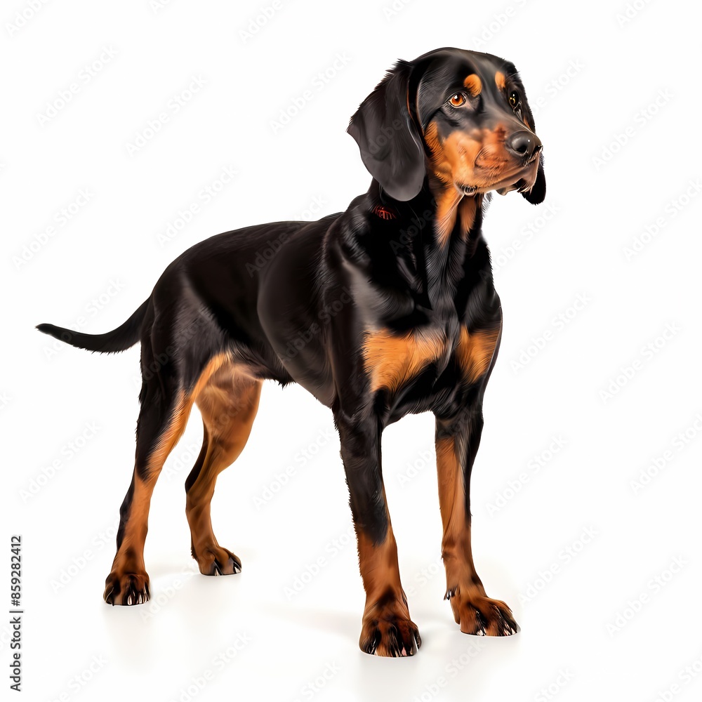 Black and tan coonhound dog breed standing against white background, AI Generated Black and tan coonhound dog breed standing against white background, AI Generated