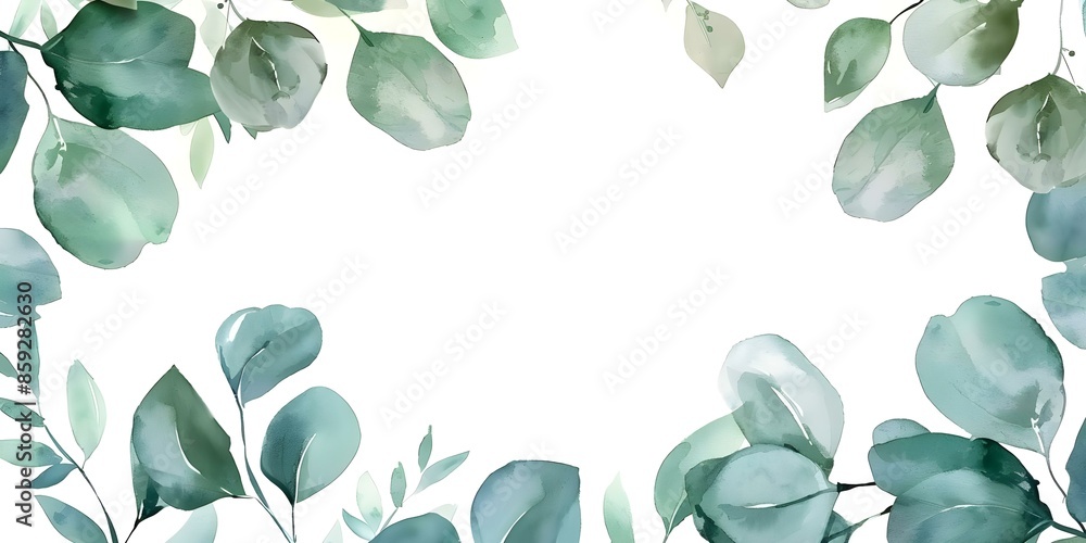 Fototapeta premium Handpainted watercolor floral frame with eucalyptus leaves on white background. Concept Watercolor Art, Floral Design, Handpainted Frame, Eucalyptus Leaves, White Background