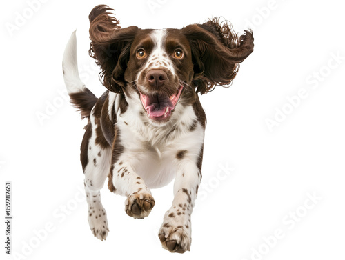 Full body shot of English Springer Spaniel dog, running happily, smiling.