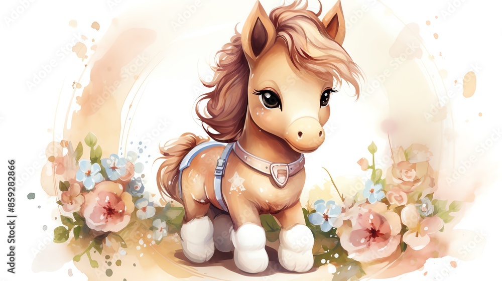 Cute cartoon horse with floral background. Cute cartoon horse with floral background.