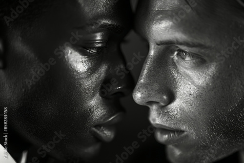 Close-up black and white portrait of gay couple in a moment of deep affection and connection © Spicy World