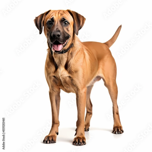 Black mouth cur dog breed standing against white background, AI Generated