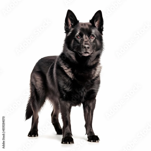 Black Norwegian elkhound dog breed standing againdt white background, AI Generated photo