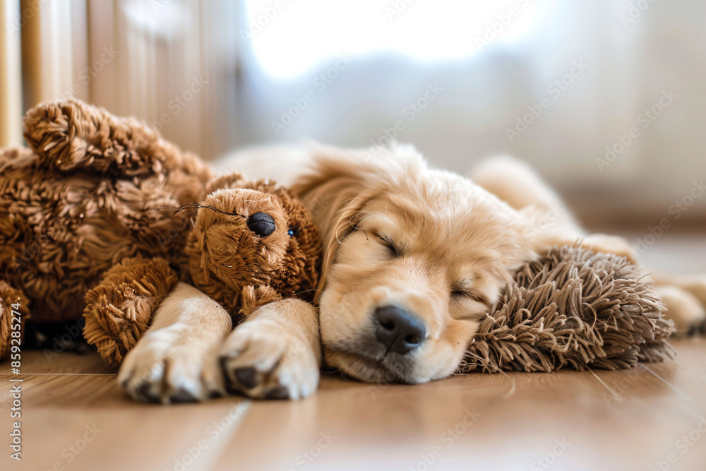 Fototapeta premium a puppy sleeping next to a teddy bear