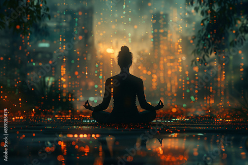 Buddhism concept Generative AI picture with people doing yoga in nature feel connection with buddha