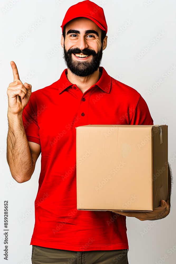Livreur portant une tenue rouge et tenant un carton en levant le doigt Livreur portant une tenue rouge et tenant un carton en levant le doigt