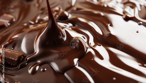 Rich melted dark chocolate flowing smoothly, creating a deliciously tempting texture perfect for dessert recipes and food photography.