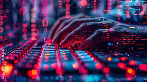 Hands typing on a keyboard with red digital code overlay.