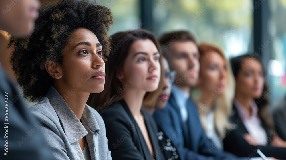 Obraz premium Business concept. Employees listening to the meeting where the company determines its customer target audience. Employees watching company presentation.