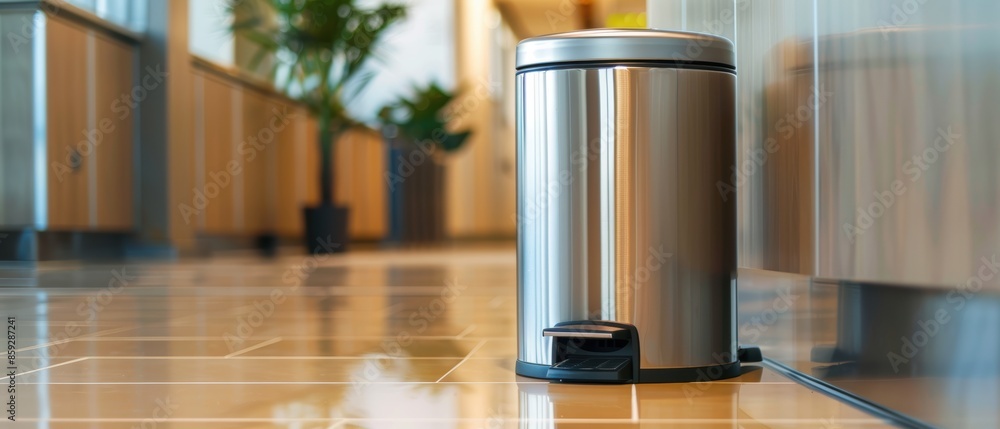 Stainless steel trash can in modern office hallway with plants and wooden accents, emphasizing cleanliness and organization. Stainless steel trash can in modern office hallway with plants and wooden accents, emphasizing cleanliness and organization.