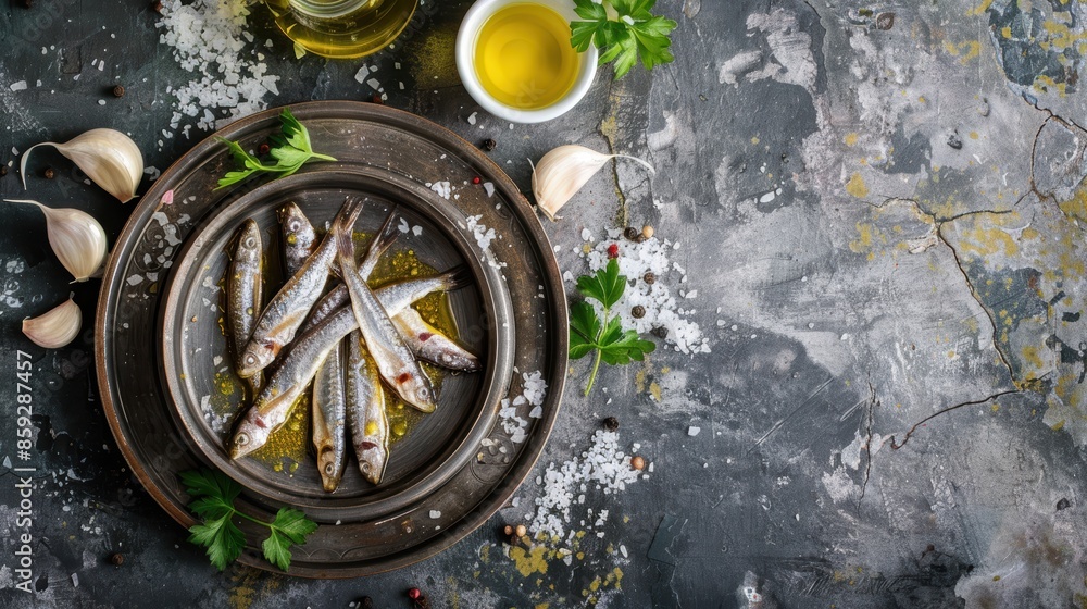Top view of fresh sardines on a rustic plate with herbs, garlic, and olive oil on a dark textured background. Ingredients for seafood cooking. Top view of fresh sardines on a rustic plate with herbs, garlic, and olive oil on a dark textured background. Ingredients for seafood cooking.