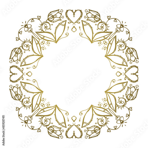 Vector floral golden boho style wreath with hearts.