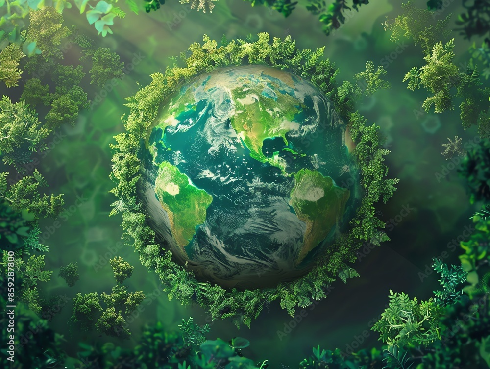 Illustration of a green, lush Earth with abundant vegetation, fertile planet, environmental prosperity, Illustration of a green, lush Earth with abundant vegetation, fertile planet, environmental prosperity,