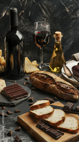 Wallpaper Mural A table with a bottle of wine, a bottle of olive oil, and a chocolate Torontodigital.ca