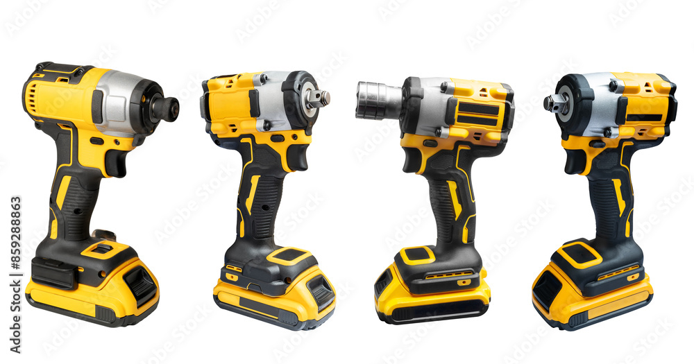 Set of Electric tool ,Power tool ,Mid-Range Cordless Impact Wrench or Cordless screwdriver with battery on white background Set of Electric tool ,Power tool ,Mid-Range Cordless Impact Wrench or Cordless screwdriver with battery on white background