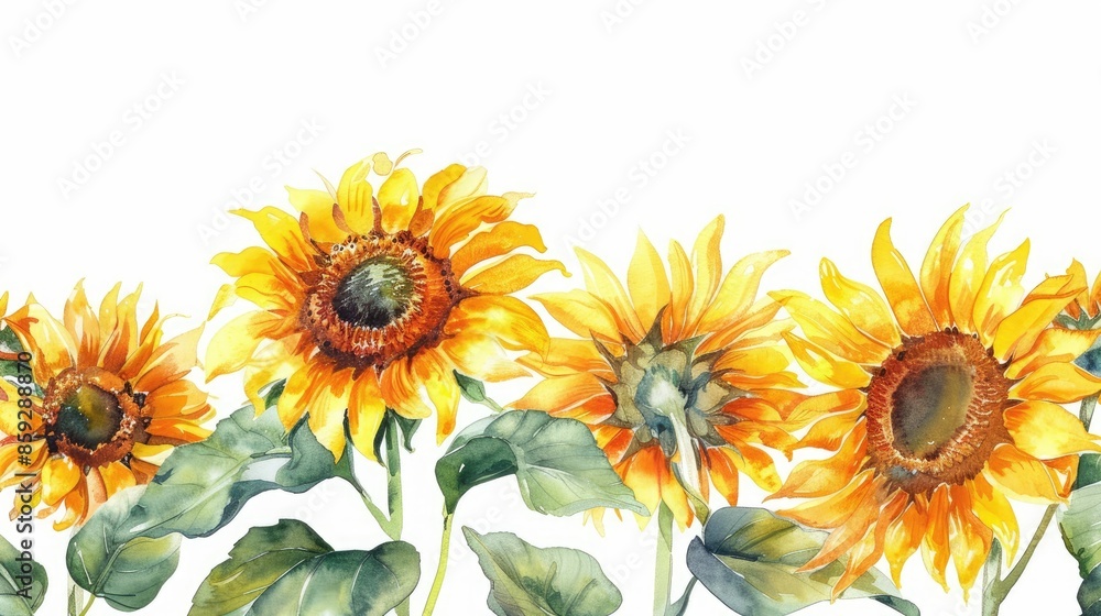 Fototapeta premium Sunflowers with green leaves, isolated on a white background, capturing their vivid colors.