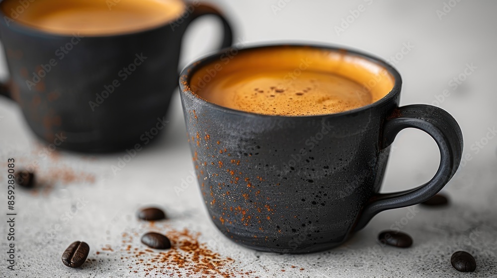 A close-up of a black mug filled with steaming espresso A close-up of a black mug filled with steaming espresso