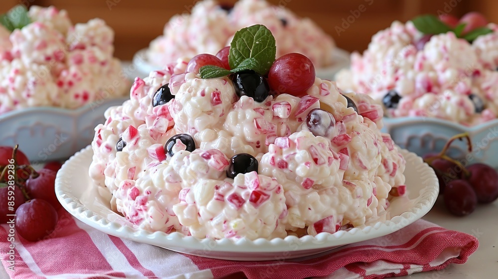 A close-up of a creamy fruit salad topped with mint A close-up of a creamy fruit salad topped with mint