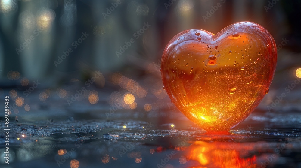 A heart-shaped glass ornament glows in a misty forest setting A heart-shaped glass ornament glows in a misty forest setting