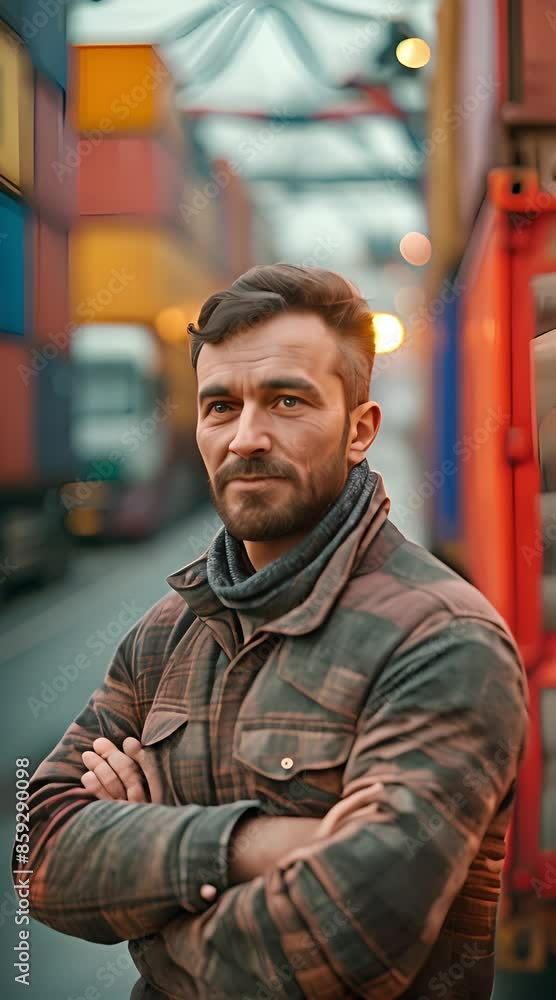 A logistics worker in front of a shipping container A logistics worker in front of a shipping container