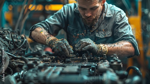 In this dynamic scene, a mechanic is seen successfully fixing an engine amidst flying sparks, highlighting the energetic and intense process of mechanical repair. photo