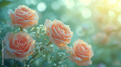 A close-up of peach roses blooming in a garden bathed in warm sunlight