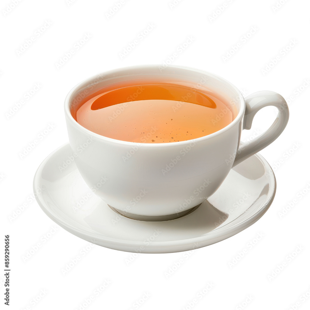 A cup of tea on a saucer, with a warm, inviting glow. Perfect for a cozy morning or relaxing afternoon. isolated on a white background A cup of tea on a saucer, with a warm, inviting glow. Perfect for a cozy morning or relaxing afternoon. isolated on a white background