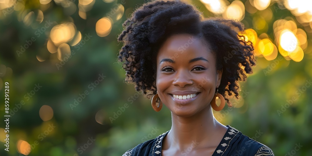Portrait of a smiling African American woman in a park at sunset. Concept Outdoor Photoshoot, Smiling Subject, Sunset Lighting, Park Setting, Portrait Photography Portrait of a smiling African American woman in a park at sunset. Concept Outdoor Photoshoot, Smiling Subject, Sunset Lighting, Park Setting, Portrait Photography