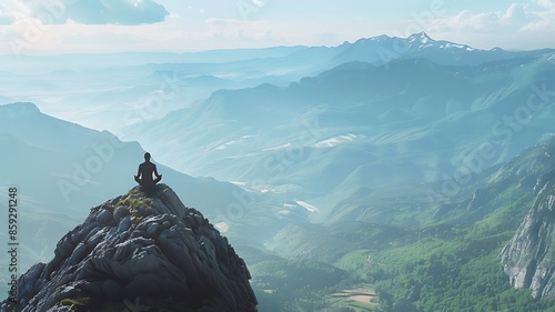 A man doing mindfulness exercises on a mountaintop with a panoramic view of the valley below