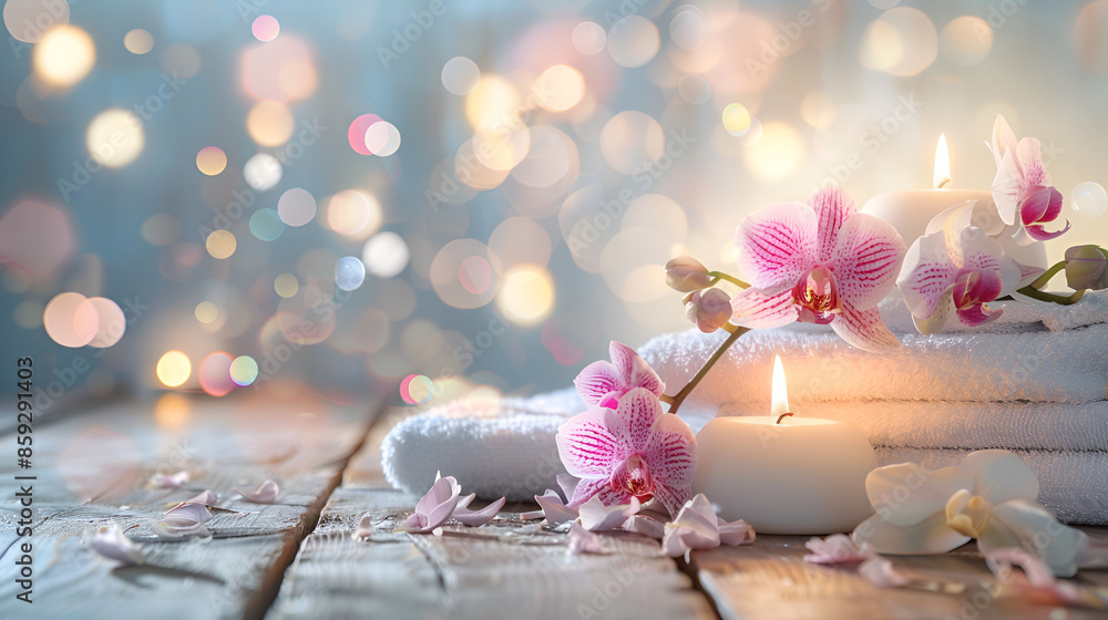 blurred and bokeh background with Towels , Candles, Orchid, Spa setting and white wooden table flooring blurred and bokeh background with Towels , Candles, Orchid, Spa setting and white wooden table flooring