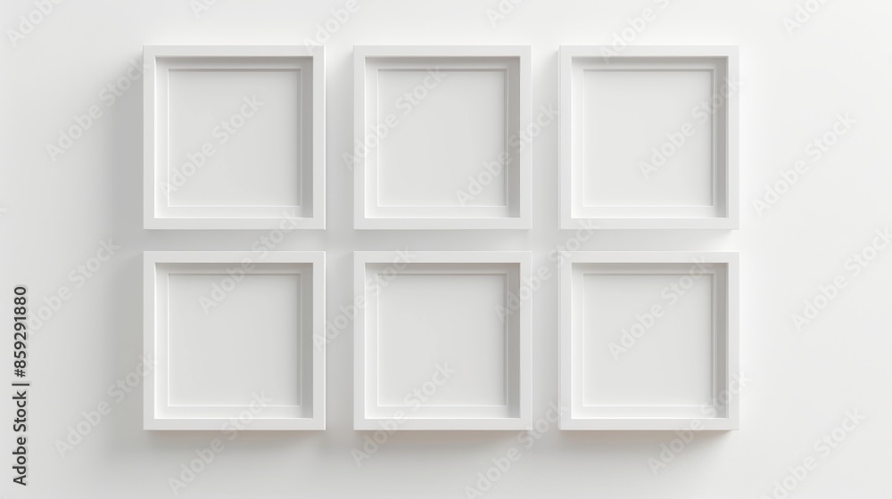 Six empty white square frames on wall, minimalistic design concept Six empty white square frames on wall, minimalistic design concept