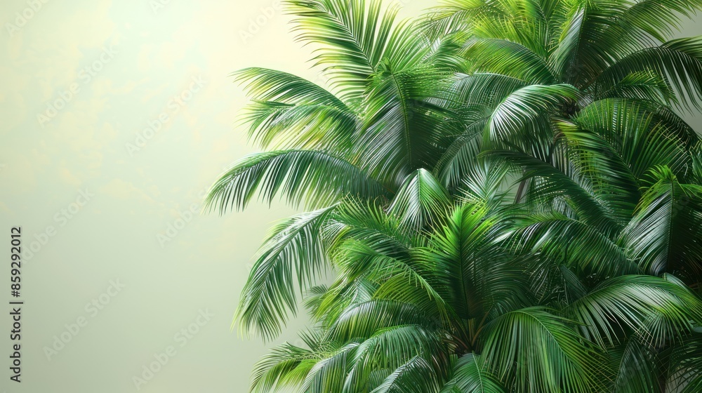 Palm trees with lush green fronds against a hazy morning sky Palm trees with lush green fronds against a hazy morning sky