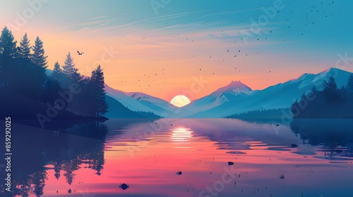 A serene mountain lake nestled between rugged peaks with views of sunset © Gendar SINURO
