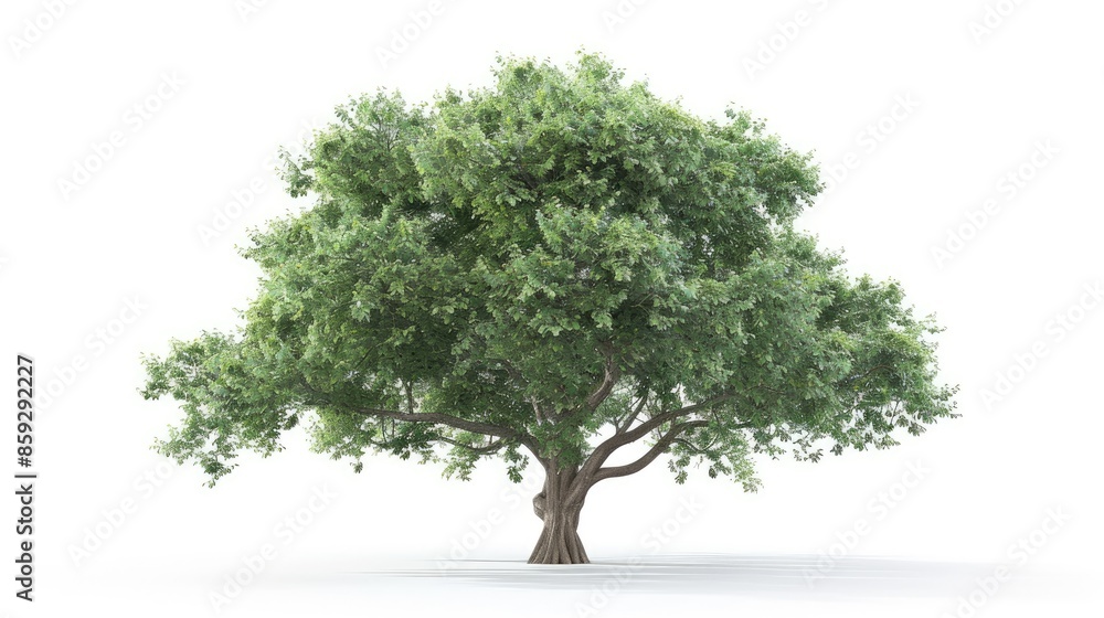 Towering sycamore tree with broad leaves, presented on a pure white background. Towering sycamore tree with broad leaves, presented on a pure white background.