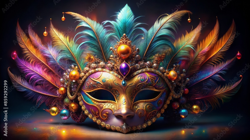 Vibrant, ornate, gold and silver carnival mask with feathers and gems, dramatically lit, isolated on a dark black background. Vibrant, ornate, gold and silver carnival mask with feathers and gems, dramatically lit, isolated on a dark black background.