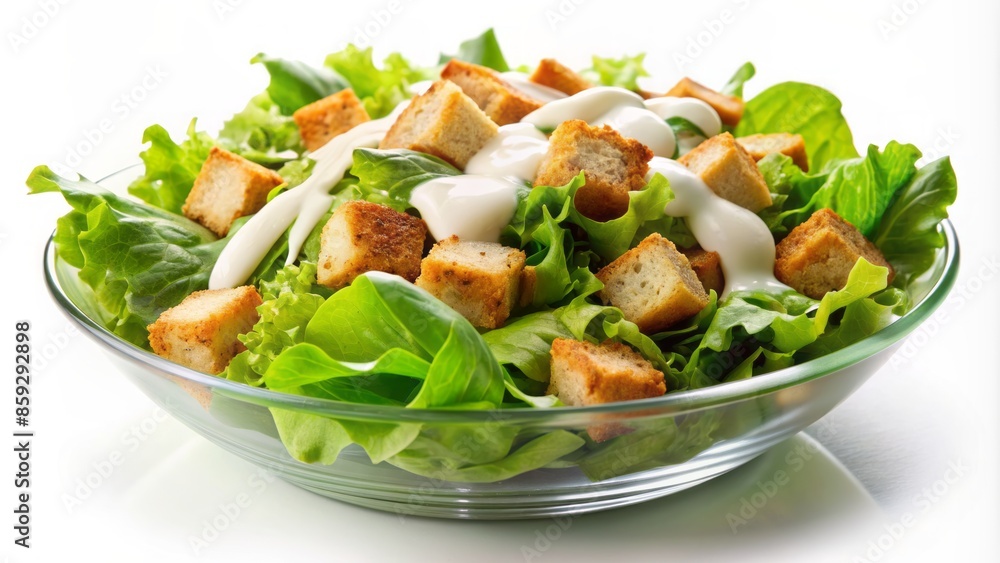Fresh green lettuce mixed with crispy croutons and rich creamy dressing sits isolated on a clean transparent and white background. Fresh green lettuce mixed with crispy croutons and rich creamy dressing sits isolated on a clean transparent and white background.