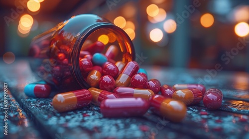 healthcare top down image of an opened orange pill bottle with colourful medicine prescription pills on a table. Prescription tablets and heath supplements for mental and physical wellnes photo