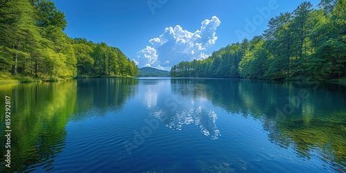 Tranquil Lake Scene with Lush Green Trees and a Blue Sky © Nice Seven