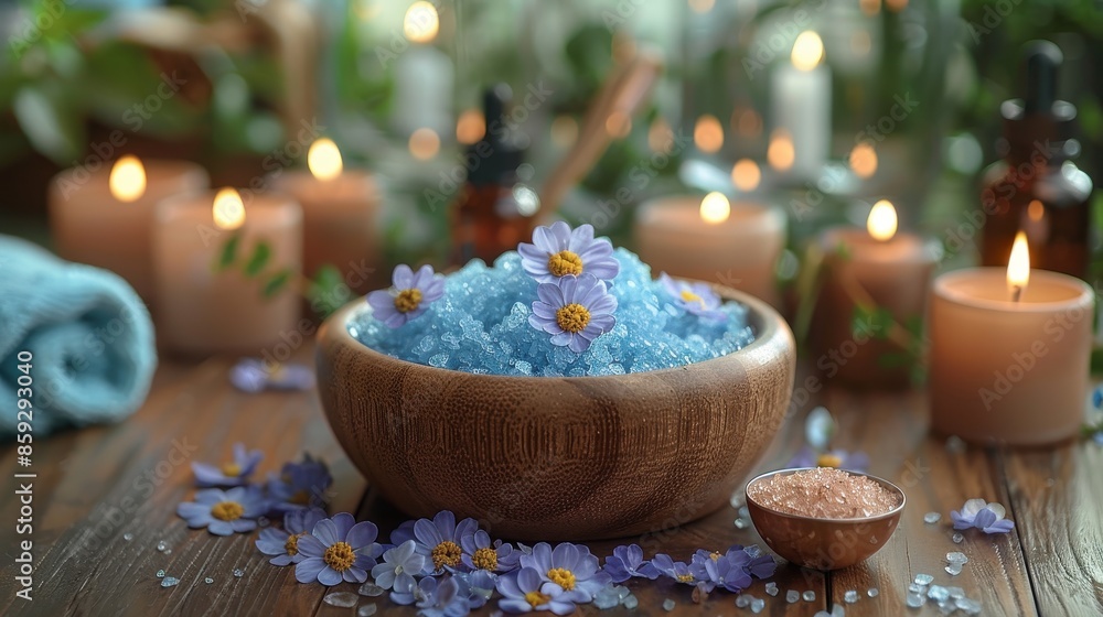A calming and aesthetically pleasing spa setup with lighted candles, lavender flowers, and bath salts in a wooden bowl, creating a serene and tranquil ambiance ideal for relaxation. A calming and aesthetically pleasing spa setup with lighted candles, lavender flowers, and bath salts in a wooden bowl, creating a serene and tranquil ambiance ideal for relaxation.
