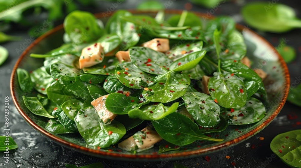 Close-up of a vibrant spinach salad with creamy dressing and red pepper flakes Close-up of a vibrant spinach salad with creamy dressing and red pepper flakes