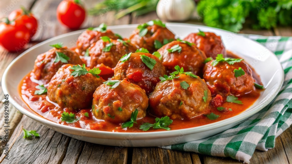 Savory, juicy meatballs smothered in rich, tangy sauce, garnished with fresh parsley, served on a crisp white ceramic plate. Savory, juicy meatballs smothered in rich, tangy sauce, garnished with fresh parsley, served on a crisp white ceramic plate.