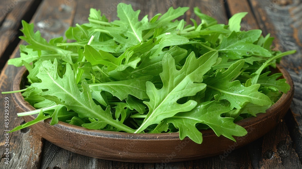 A close-up of arugula leaves in a rustic bowl A close-up of arugula leaves in a rustic bowl