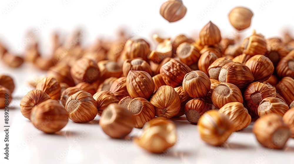 Сracked hazelnuts fall down isolated on white background Сracked hazelnuts fall down isolated on white background