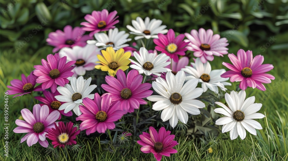 Colorful daisies in various shades of pink, white, and yellow bloom in a lush garden Colorful daisies in various shades of pink, white, and yellow bloom in a lush garden