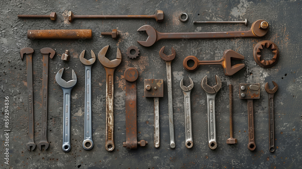 Old rusty wrenches arranged on dark wooden surface Old rusty wrenches arranged on dark wooden surface