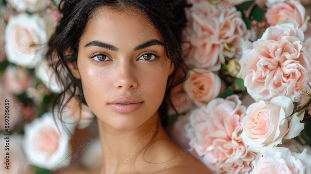 Woman with soft skin and dark hair, surrounded by pink roses Woman with soft skin and dark hair, surrounded by pink roses